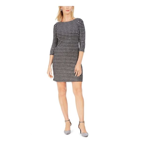 JESSICA HOWARD Dresses & Skirts - JESSICA HOWARD Womens Glitter Long Sleeve Jewel Neck Short Cocktail Sheath Dress